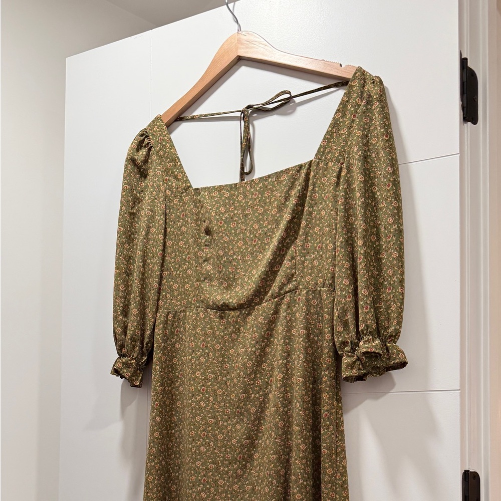 O.P.T Elegant Olive Floral Long Sleeve Dress